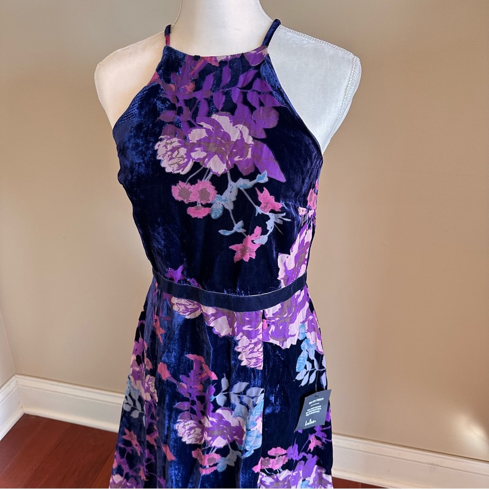Lulus Crushed Velvet Maxi Dress Blue Purple Florals Size Medium - Picture 4 of 13